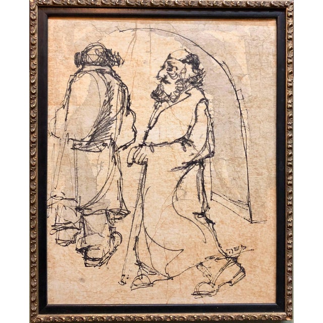 Moshe Katz, Modernist Israeli Judaica Mixed Media Painting Rabbis Walking In Jerusalem, c. 1950 For Sale