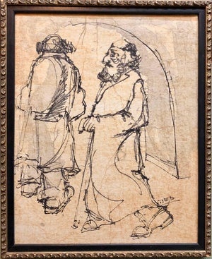 Moshe Katz, Modernist Israeli Judaica Mixed Media Painting Rabbis Walking In Jerusalem, c. 1950