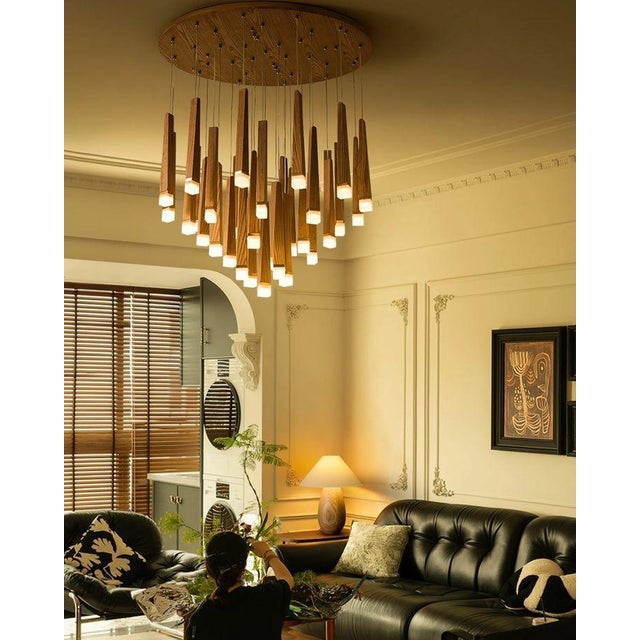 Oak Wood Cascading Led Chandelier, Modern Multi Light Pendant, Natural Wood Ceiling Light, 16 24 32 Light For Sale - Image 6 of 6