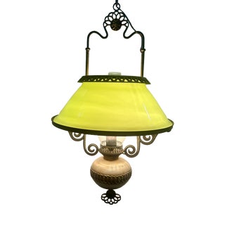 Vintage Brass Pendant Light with Green Canfino and Ceramic, 1969 For Sale