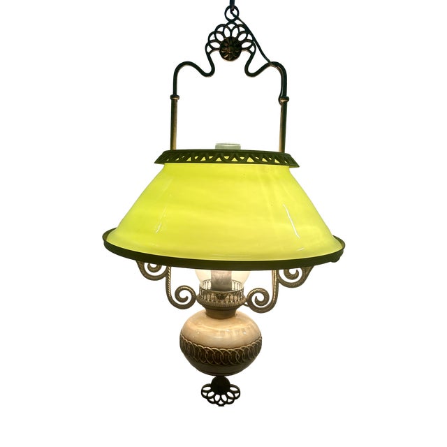 Vintage Brass Pendant Light with Green Canfino and Ceramic, 1969 For Sale