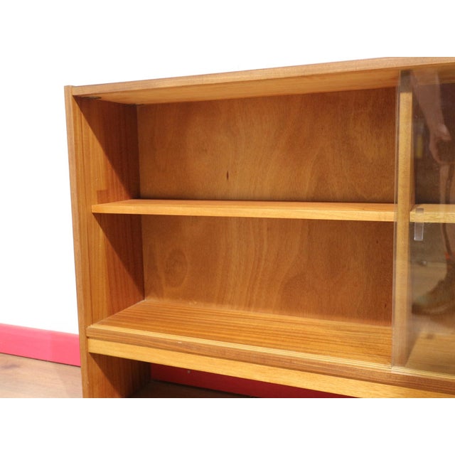 Brown Mid Century Modern Vintage Teak Bookcase Glass Door Display Cabinet For Sale - Image 8 of 9