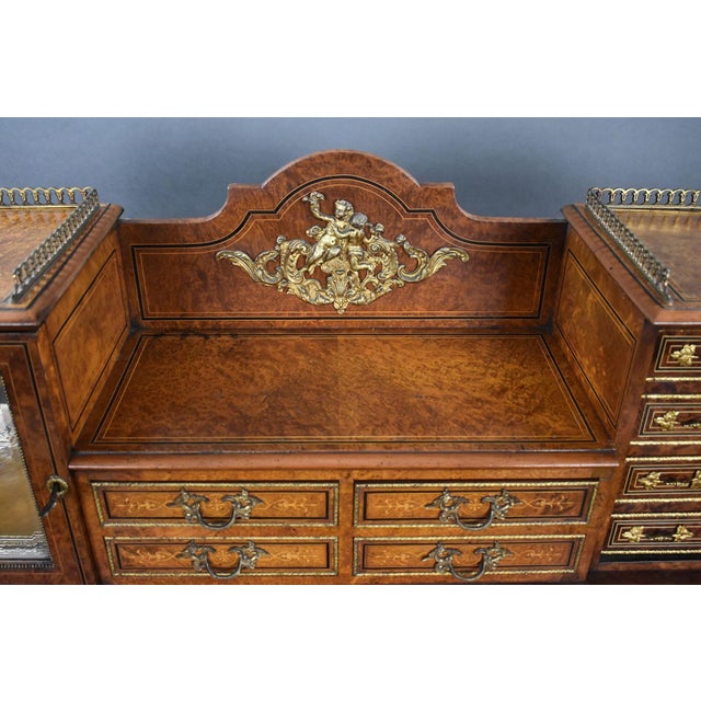 Victorian Burr Walnut and Ormolu-Mounted Pedestal Desk with Cabinet Top, 1870 For Sale - Image 15 of 18