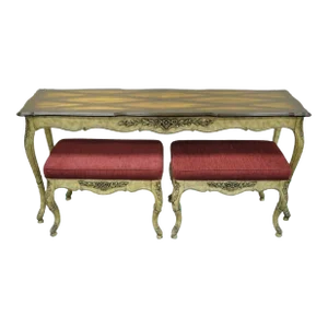 Mid 20th Century Vintage French Country Louis XV Style Console Hall Table and Pair Stools Benches - Set of 3