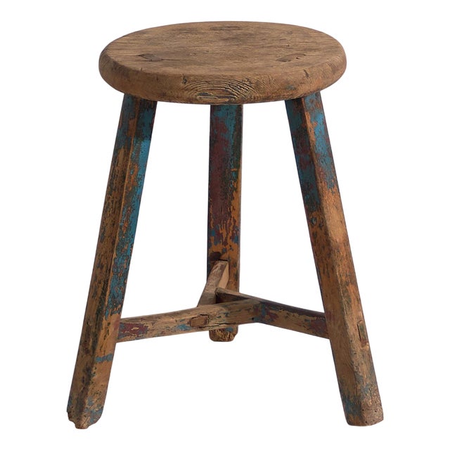 Antique Stool with Sky Blue Patina, 1900 For Sale