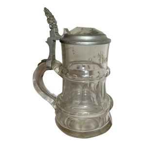 Antique 19th Century Etched Clear Glass Pewter German Lidded Beer Stein Mug