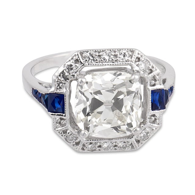 Contemporary 1980s Gia 3.02 Carat Old Mine Cut Diamond Sapphire 18k White Gold Engagement Ring, Size 7 For Sale - Image 3 of 6