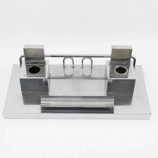 Metal Jacques Adnet French Art Deco Chrome Double Inkwell, 1930s For Sale - Image 7 of 9