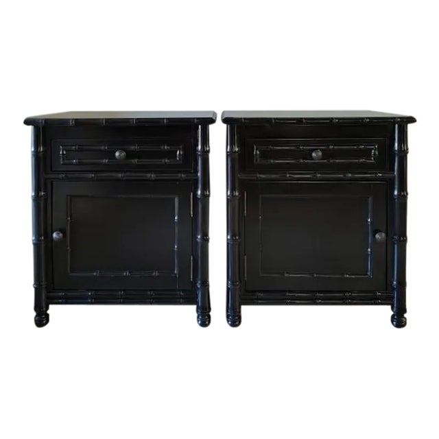 A Pair of Faux Bamboo Nightstands Black For Sale