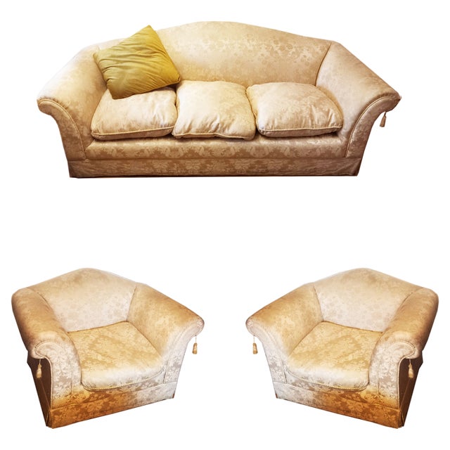 Vintage Sofa and Armchairs with Down and Damask Fabric, 1970s, Set of 3 For Sale