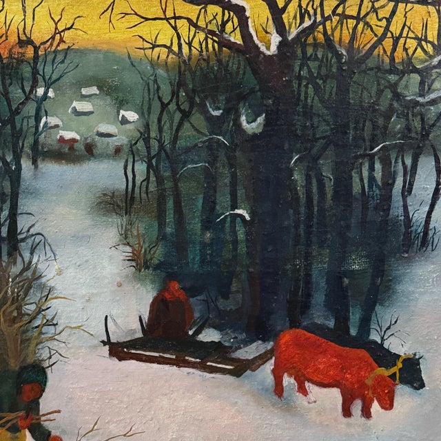 Mid-Century Modern Vintage Naive Winter Landscape (After Josip Generalić), Signed (C. 1960, Oil on Board) For Sale - Image 3 of 8