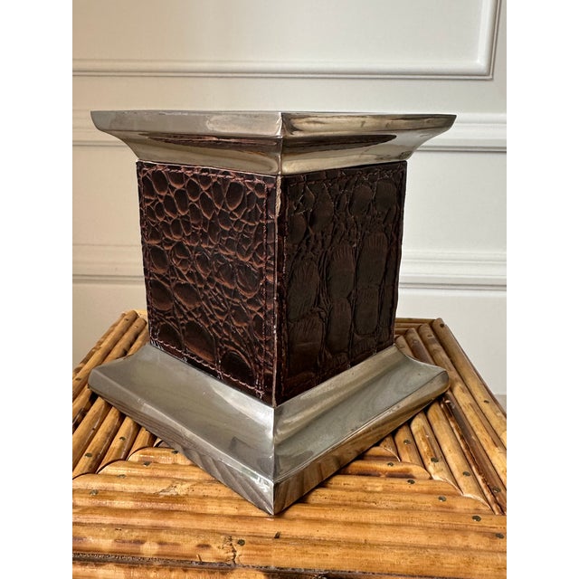 Vintage Leather and Silverplate Ralph Lauren Style Pillar Candleholder For Sale - Image 9 of 18