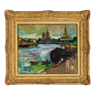 Post Impressionist French Artist, The Barges, 20th Century, Oil on Canvas, Framed For Sale