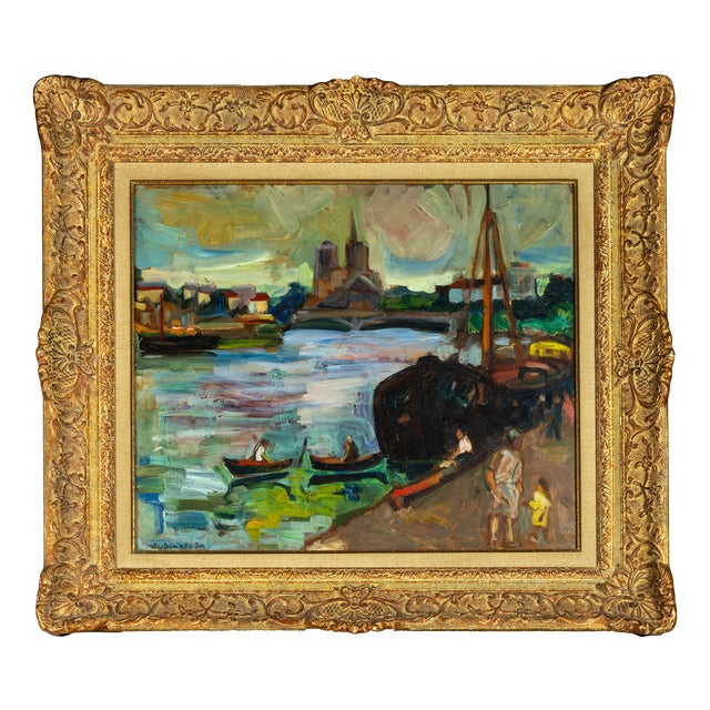 Post Impressionist French Artist, The Barges, 20th Century, Oil on Canvas, Framed For Sale