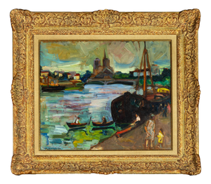 Post Impressionist French Artist, The Barges, 20th Century, Oil on Canvas, Framed