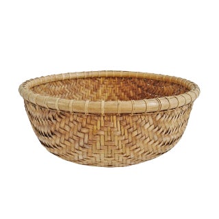 Vintage Javanese Boho Bamboo Round Basket Medium For Sale