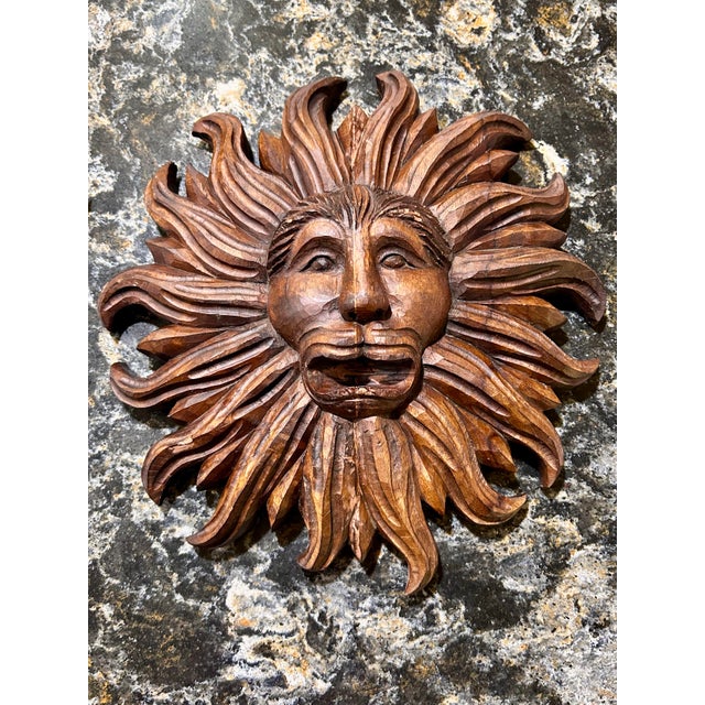 Modern Large Mid 20th Century Hand-Carved Wooden Sun Face Plaque For Sale - Image 3 of 6