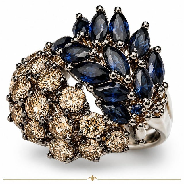 Mid-Century Modern Mid 20th Century 18k White & Blackened Gold Designer Champagne Diamond Sapphire Wide Band Ring, Size 7.25 For Sale - Image 3 of 4