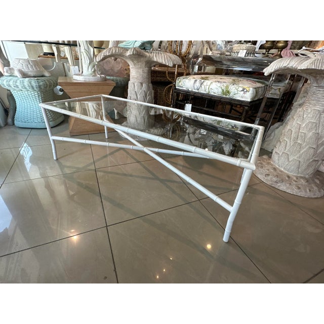 Vintage Faux Bamboo Patio Outdoor Metal Newly Powder-Coated White Coffee Cocktail Table For Sale - Image 11 of 12