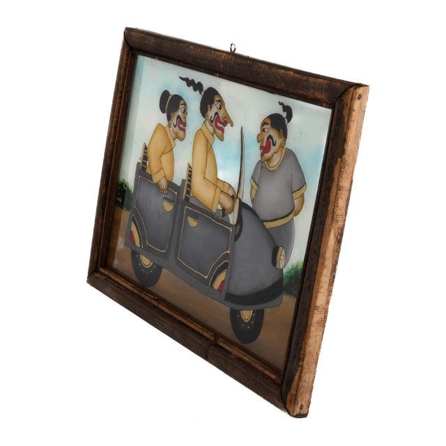 Framed Punakawan Reverse Glass Painting Petruk, Gareng and Bajong in Car For Sale - Image 4 of 9
