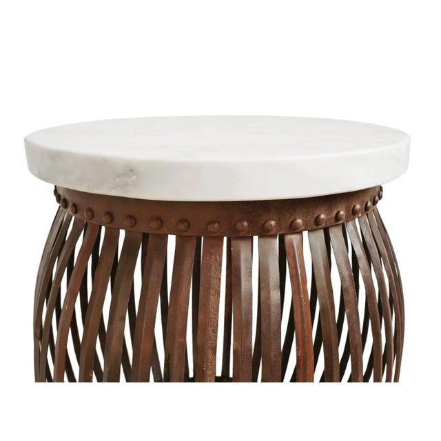 2020s White Marble Iron Strap Barrel Side Table For Sale - Image 5 of 6