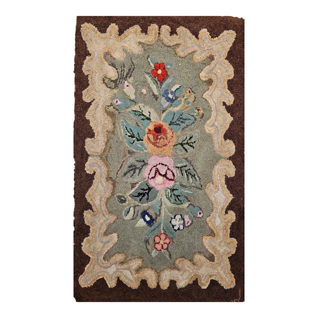 Vintage Hand-Hooked Rug, Banded Floral Pattern, Wool & Cotton, American Folk Art, 2x3 For Sale