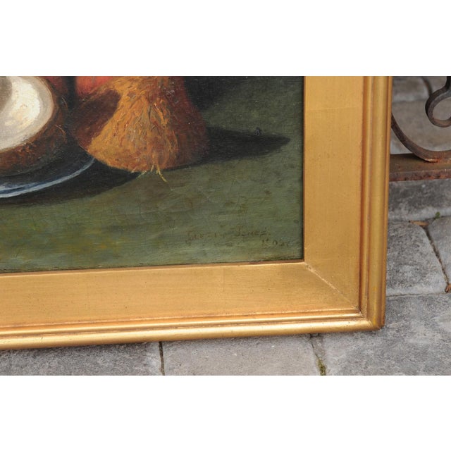 Yellow English Signed Elinor Jones 1908 Oil on Canvas Still-Life Painting in Gilt Frame For Sale - Image 8 of 10