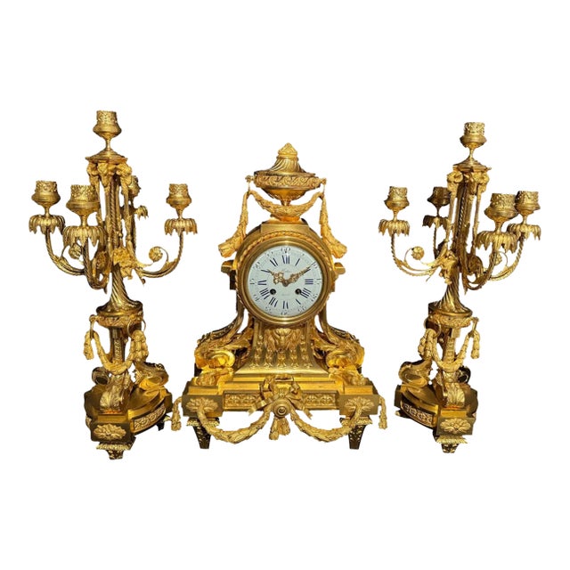 c.1860 Ad Mougin Louis XVI Gilt Bronze Clock Set, 3 PCS For Sale