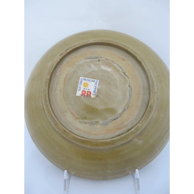 Celadon Chinese Longquan Yuan Style Celadon Olive Green Glaze Lotus Flower Shallow Bowl For Sale - Image 8 of 8