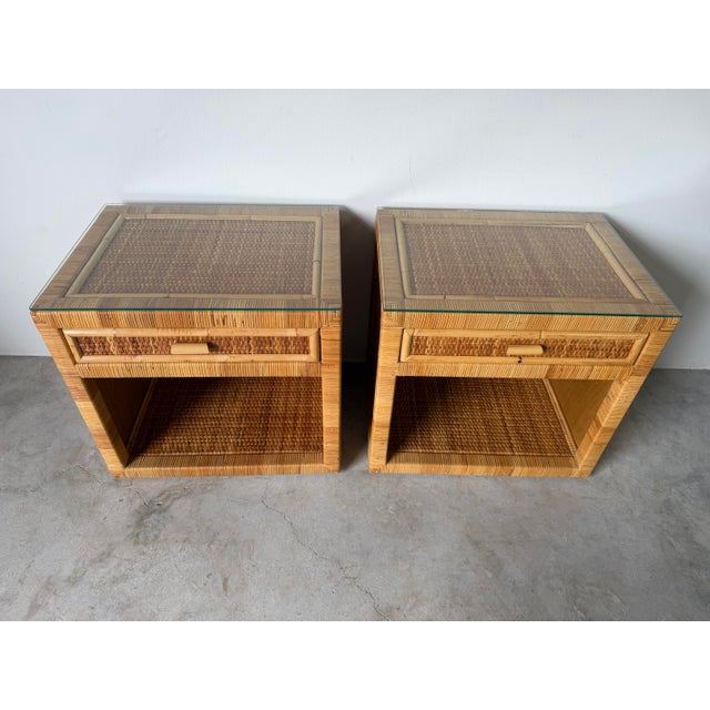 Wood Vintage Coastal Palm Beach Rattan & Woven Cane Nightstands With Glass Tops — A Pair For Sale - Image 7 of 12