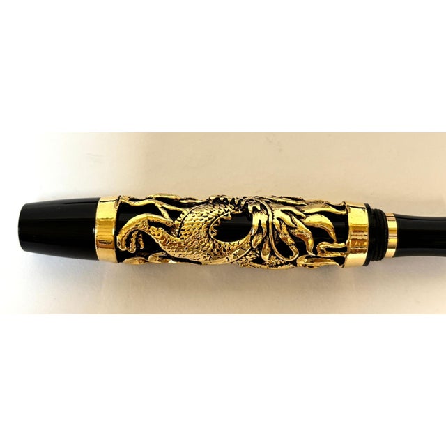 Dragon Motif Fountain Pen, Gold Overlay on Black, Acura, Mint in Box Circa 1990 For Sale - Image 13 of 18