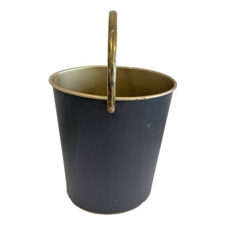 Vintage Mid-Century Black & Gold Wastebasket With Handle For Sale
