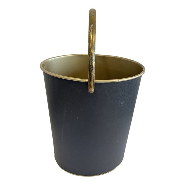 Vintage Mid-Century Black & Gold Wastebasket With Handle For Sale