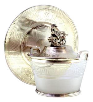 Silver Bonbonniere with Guilloche Plate, Lid, Handle with Grazing Goat and Monogram Cards