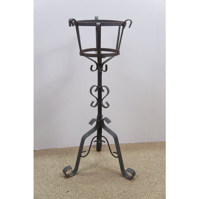 Vintage Brutalist Gothic Wrought Iron Plant Stand Scroll Tripod Pot Holder 24" For Sale - Image 4 of 13