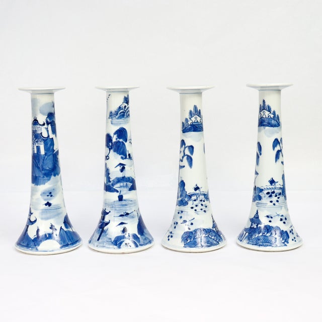 Set of 4 Chinese Export Blue & White Canton Porcelain Candlesticks For Sale In Philadelphia - Image 6 of 18
