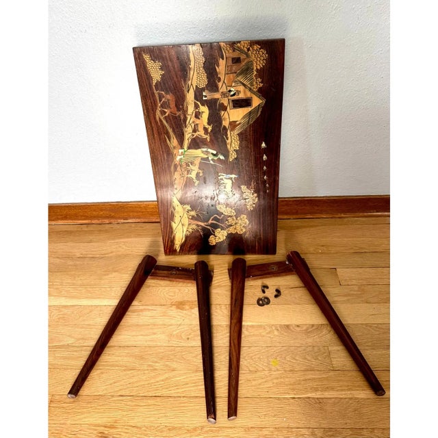 1950's Indian Rosewood & Bone Inlay Coffee Table Bench Removable Legs Serving Tray For Sale - Image 13 of 17