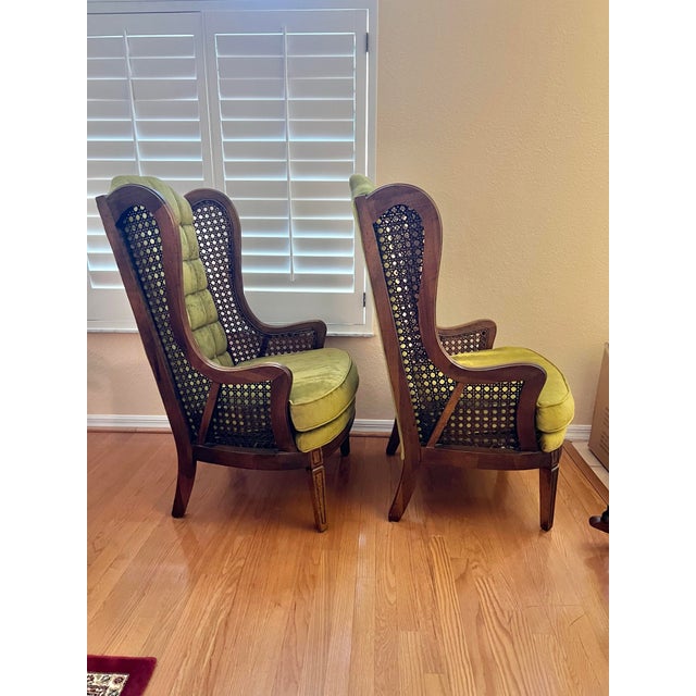 Green 1960 Caned Wingback Armchairs in Green Crushed Velvet Pair of 2 For Sale - Image 8 of 12