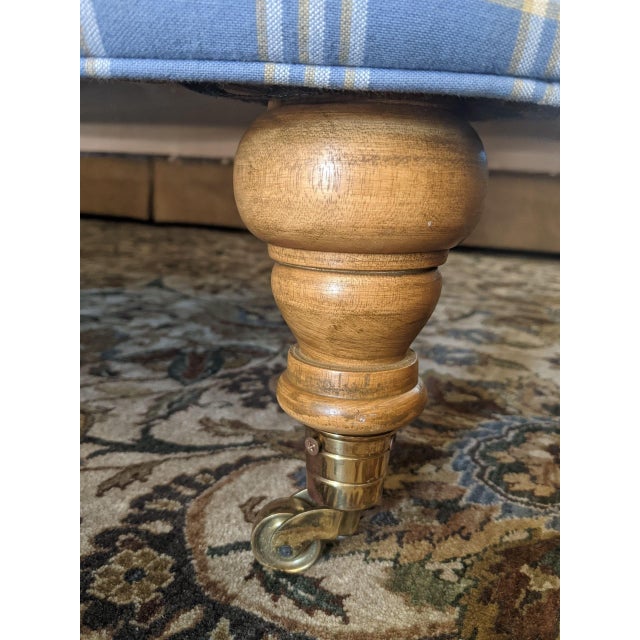 Wood English Traditional Style Plaid Tufted Cocktail Ottoman With Brass Castors For Sale - Image 7 of 9