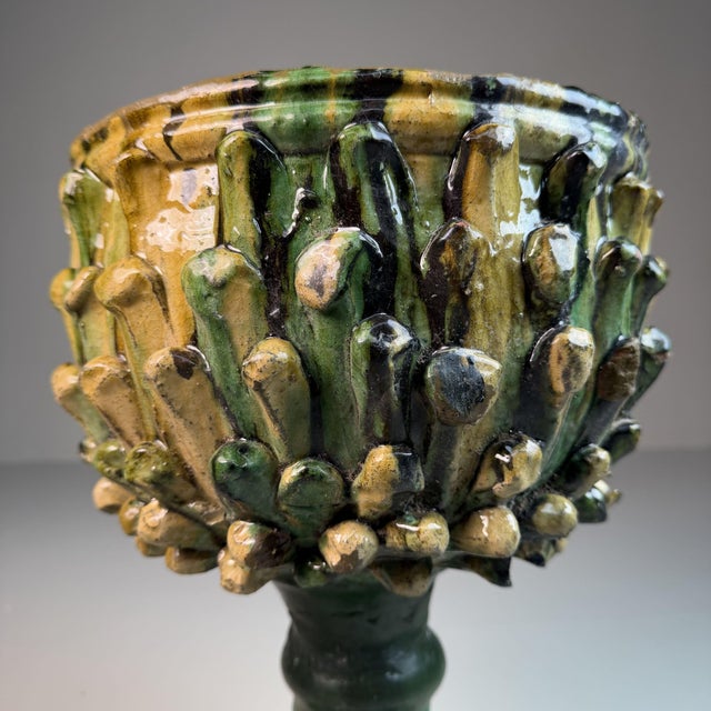 Distinctive chalice-shaped ceramic plant stand by Rocco Condurso from Seminara, Calabria, crafted in the 1970s-1980s. The...