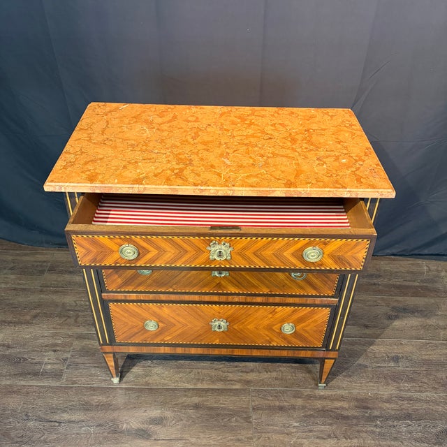 French Neoclassical Louis XVI Marble Top Parquetry Chest of Drawers For Sale In Portland, ME - Image 6 of 13