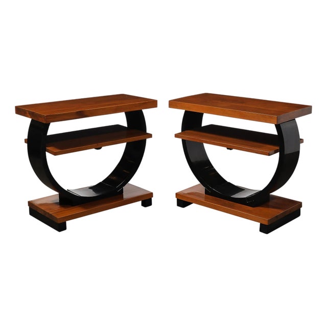Pair of Art Deco Machine Age Two-Tier Side Tables in Walnut & Black Lacquer For Sale