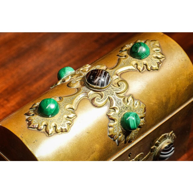 Stunning Cabochon Gemstone Antique Victorian Domed Brass Metal Desk Casket Box Home Decor For Sale - Image 4 of 14