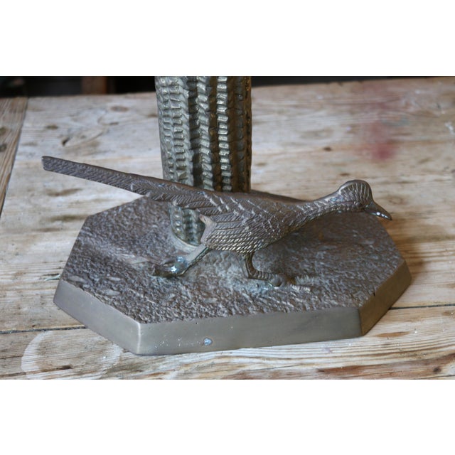 Large Brass Saguaro Cactus With Road Runner Sculpture — Korea, Circa 1970s For Sale - Image 15 of 18