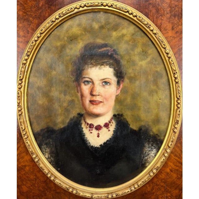 Traditional Antique Portrait Oil Painting on Canvas in Burl Walnut Frame For Sale - Image 3 of 4