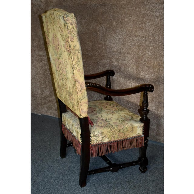Beige Antique Carved Oak Armchair 1920s Tudor Style High Back Fringe Stretcher Base For Sale - Image 8 of 13