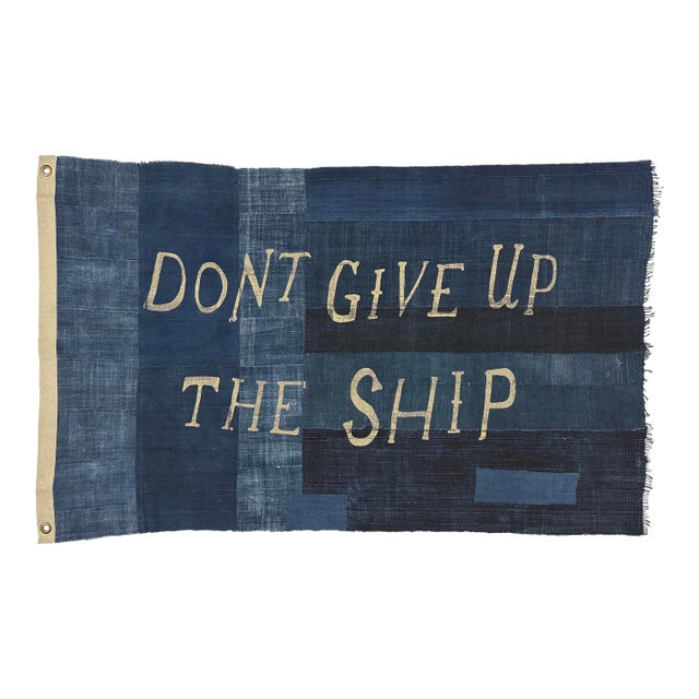 Large Patchwork Indigo Flag, Don't Give Up the Ship, Unique For Sale