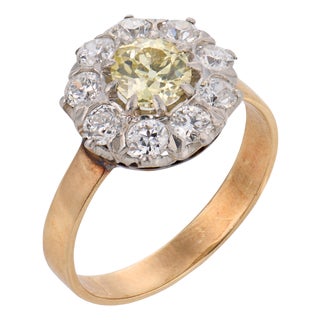 1910s Edwardian Fancy Yellow and White Diamond Gold Cluster Ring, Size 9 For Sale