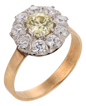 1910s Edwardian Fancy Yellow and White Diamond Gold Cluster Ring, Size 9