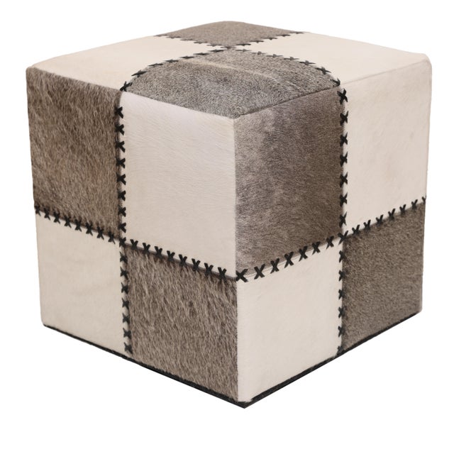 Animal Skin Handmade Cowhide Leather Patchwork Ottoman Pouf With Cross Stitch Detail 18x18x18 In For Sale - Image 7 of 10